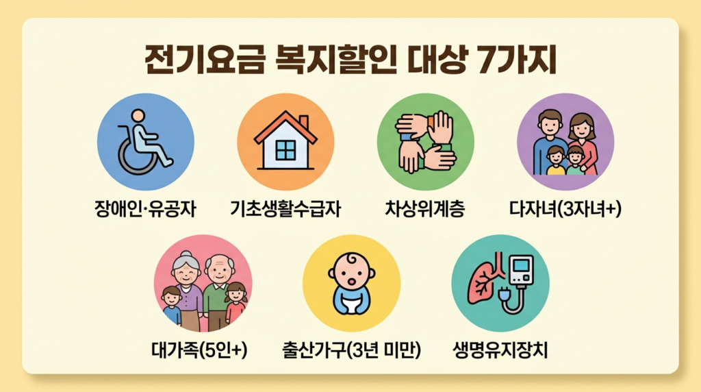 전기요금 복지할인 신청대상 7가지 - 장애인·기초수급자·차상위·다자녀·대가족·출산·생명유지장치