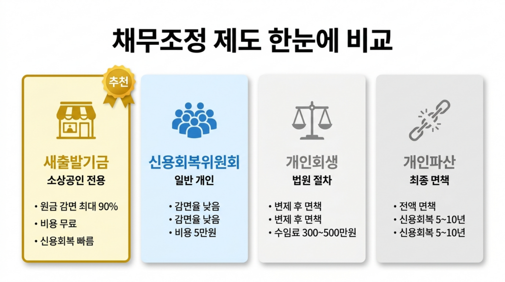 새출발기금과 신용회복위원회, 개인회생, 개인파산 채무조정 제도 비교표