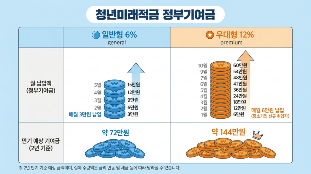 청년미래적금 정부기여금 비교 - 일반형 6% 우대형 12%