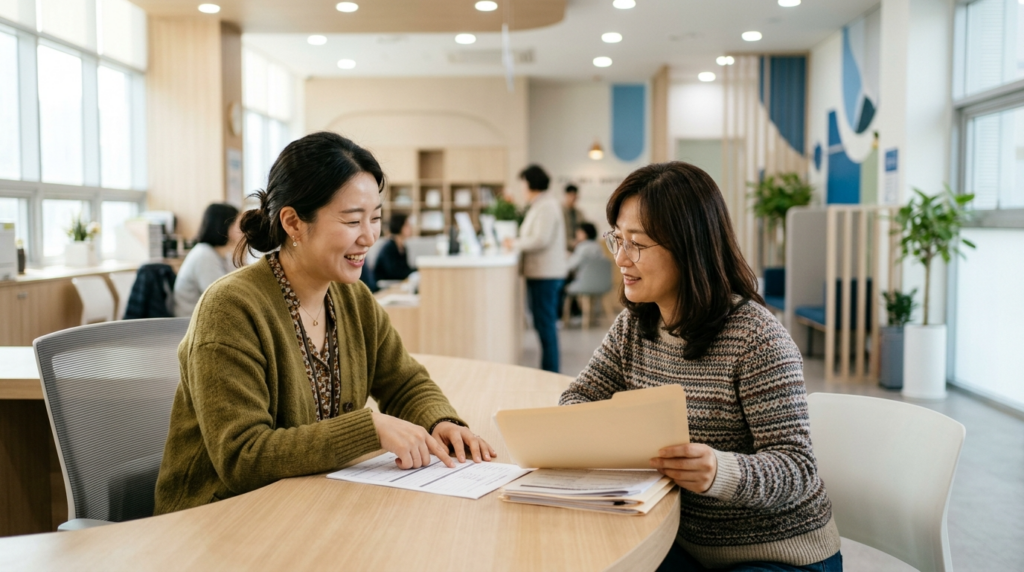 주민센터에서 차상위계층 신청 상담을 받는 한국인 가족
