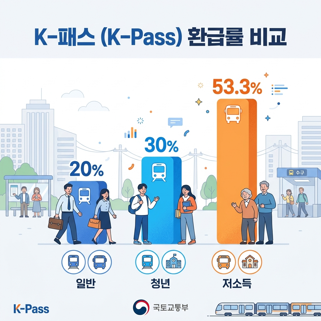 K-패스 청년 환급률 30% - 일반 20% 저소득 53.3% 비교