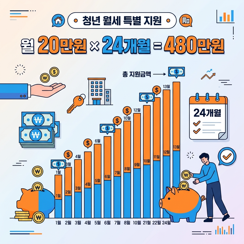 청년월세지원 지원금액 - 월 20만원 24개월 총 480만원