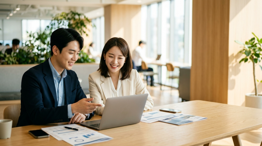 만기 후 재가입을 상담하는 한국 청년 직장인과 동료