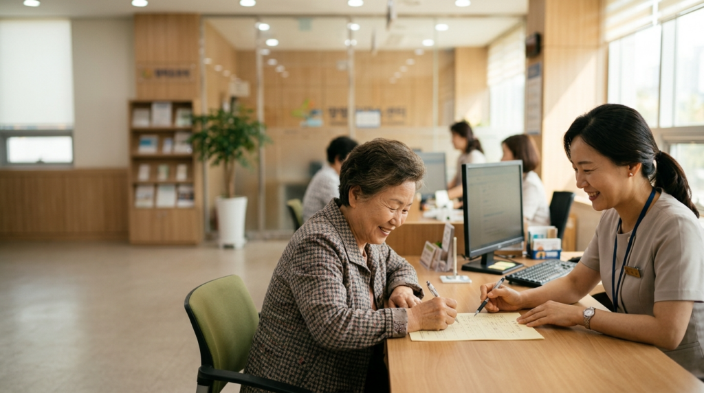 주민센터에서 장애인연금을 신청하는 한국인